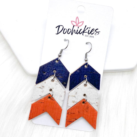 2.5" Navy/White/Bright Coral Linen Mini Arrow Corkies -Summer Earrings