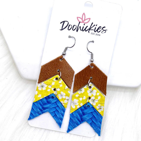 2.5" Tan Riviera/Yellow Floral/Blue Braided Mini Arrows -Earrings