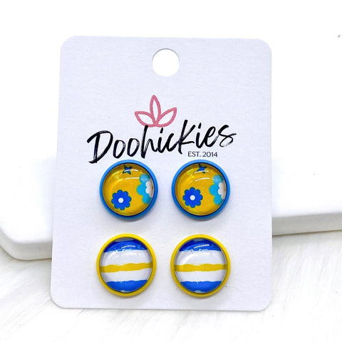 12mm Blue/Yellow Flowers & Lines in Light Blue/Yellow Settings -Earrings