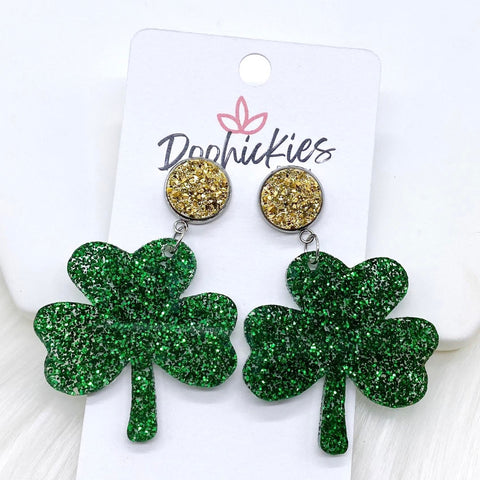 2" Gold Sparkles & Green Glitter Shamrock Acrylic Dangles - Earrings