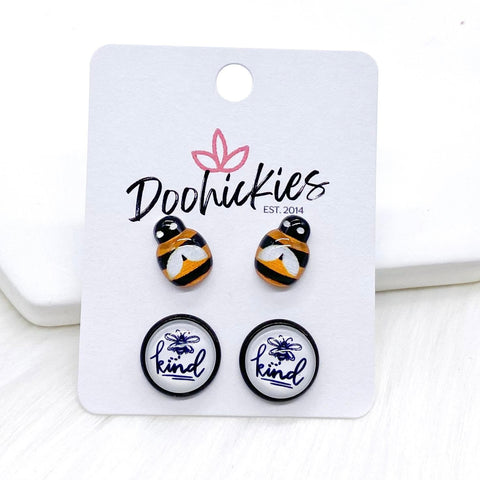 12mm Bees & Bee Kind in Black Settings -Summer Earrings