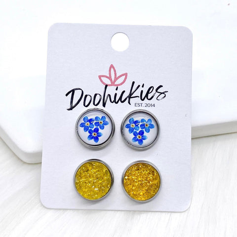 12mm Blue Flowers & Sunshine Sparkles in Stainless Steel Settings -Earrings
