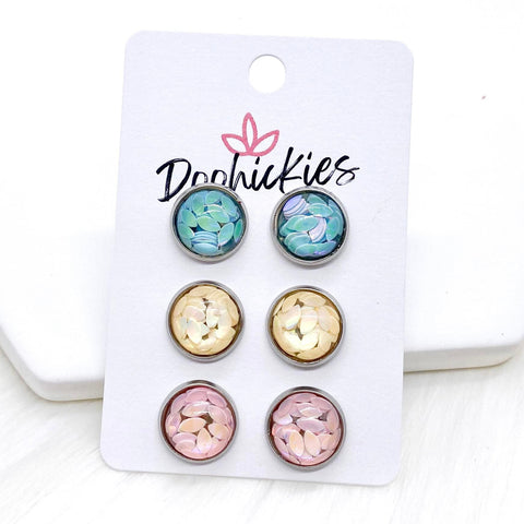 12mm Blue/Cream/Pink Petals in Stainless Steel Settings -Earrings