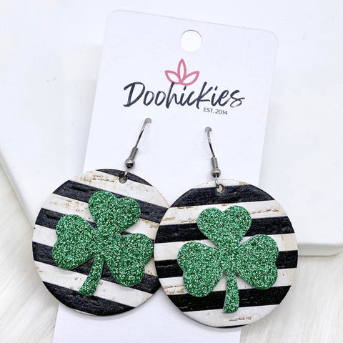 2" Green Glitter 3-D Shamrocks on Solid Lines Circles -Earrings