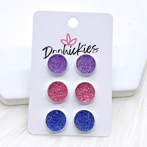 12mm Lilac/Pink/Orchid Sparkles in White Settings -Earrings