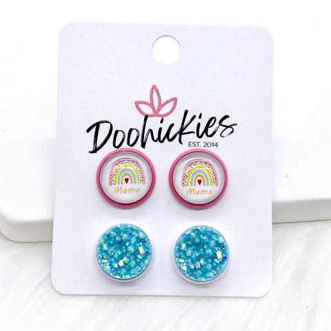 12mm Boho Mama & Robin Egg Shimmer in Pink/White Settings -Boho Earrings