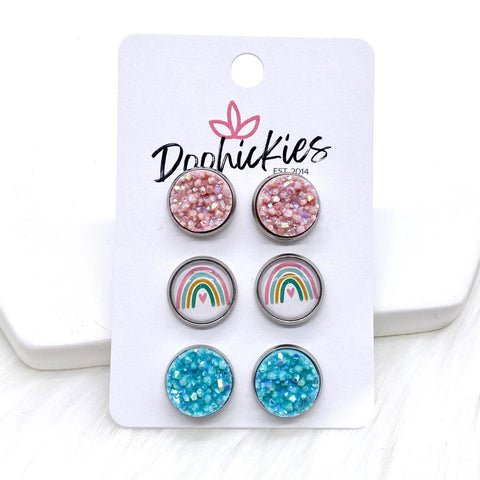 12mm Blush/Rainbows/Robin Egg in Stainless Steel Settings -Earrings
