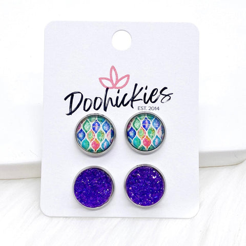 12mm Pastel Abstract & Deep Purple Sparkles in Stainless Steel Settings -Earrings