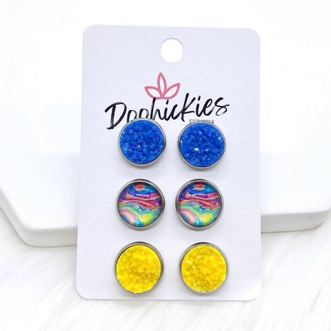 12mm Azure Blue/Psychedelic/Sunshine Crystals in Stainless Steel Settings -Summer Earrings
