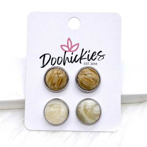 12mm Glossy Wood & Cream Swirl in Stainless Steel Settings -Earrings