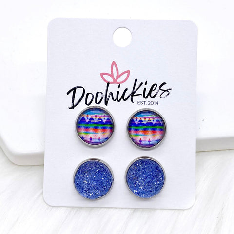 12mm Spring Aztec & Orchid Sparkles in Stainless Steel Settings -Earrings