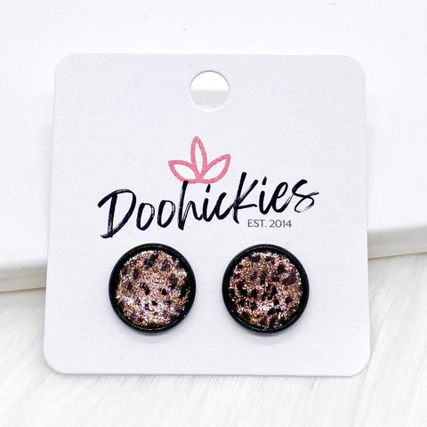 12mm Iridescent Leopard Jewels in Black Settings -Earrings