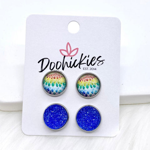12mm Pastel Starburst & Blue Sparkles in Stainless Steel Settings -Earrings