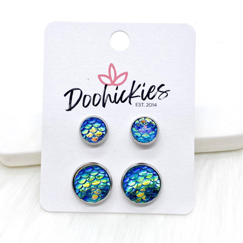 Aqua Blue Mermaid Mommy & Me in Stainless Steel Settings -Earrings