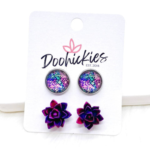12mm Bright Leopard & Magenta Succulents in Stainless Steel Settings -Summer Earrings