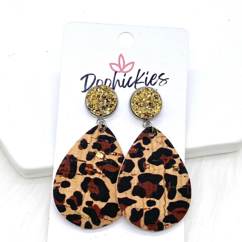 2" Gold & Metallic Gold Leopard Dangle Corkies -Earrings