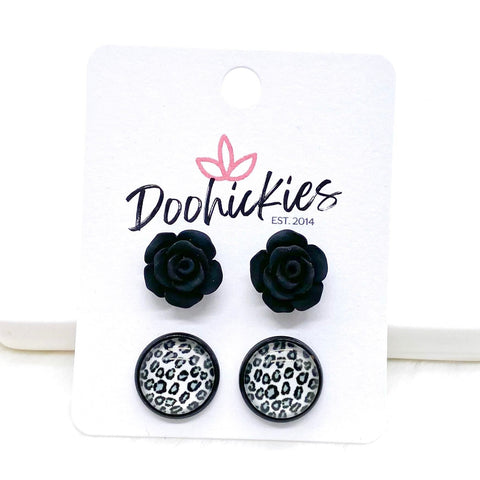 12mm Black Roses & Silver Leopard in Black Settings