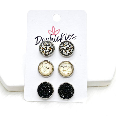 12mm New Leopard/Cream Petals/Black in Stainless Steel Settings -Earrings