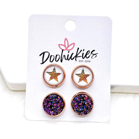 12mm Rose Gold Stars & Iridescent Rose Gold in Rose Gold Settings -Earrings