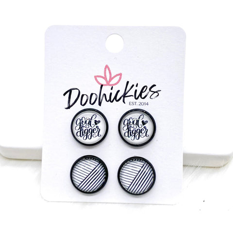 12mm Goal Digger & Black/White Lines in Black Settings -Earrings