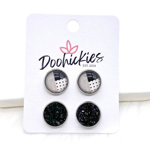 12mm Black Color Block & Black in Stainless Steel Settings -Earrings