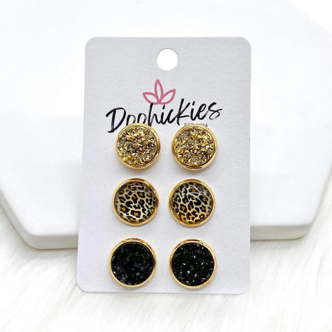 12mm Gold/Golden Leopard/Black in Gold Settings -Earrings