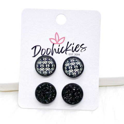 12mm Black/White Victorian & Black in Black Settings -Earrings