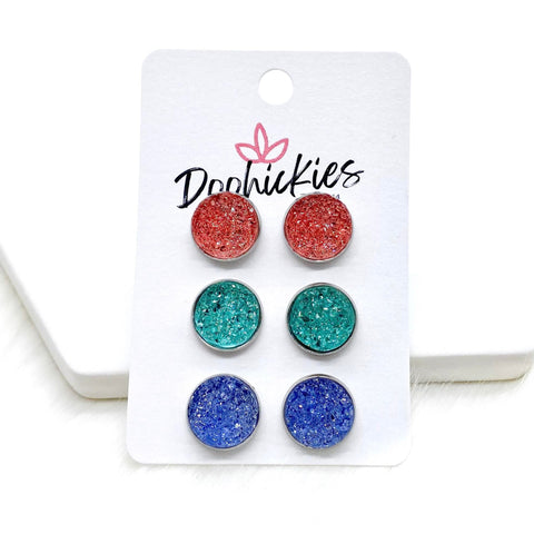 12mm Flamingo/Mint/Orchid Sparkles in Stainless Steel Settings -Earrings