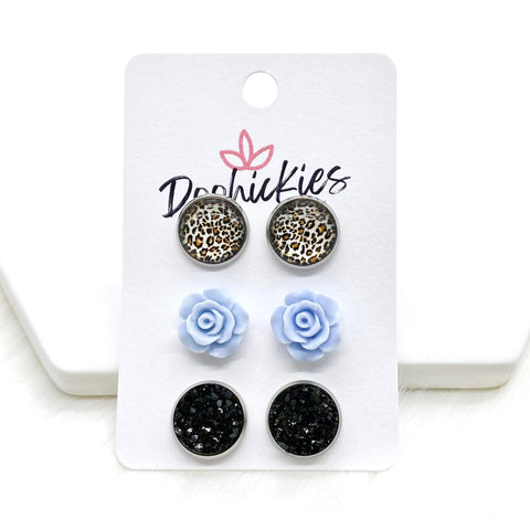 12mm Tan Leopard/Blue Roses/Black in Stainless Steel Settings -Earrings