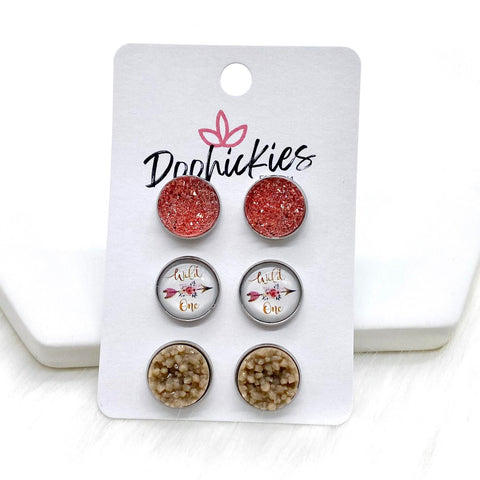 12mm Flamingo/Wild One/Taupe in Stainless Steel Settings -Earrings