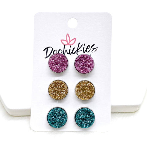 12mm Lilac/Champagne/Teal Glitter in Stainless Steel Settings -Fall Earrings