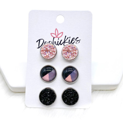 12mm Blush Shimmer/Blush Abstract/Black in Stainless Steel Settings -Earrings