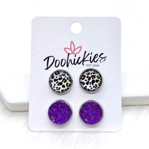 12mm 80's Leopard & Purple Sparkles in Stainless Steel Settings -Earrings