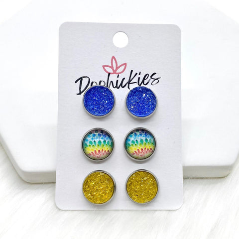 12mm Blue Sparkles/Starburst/Yellow Sparkles in Stainless Steel Settings -Earrings