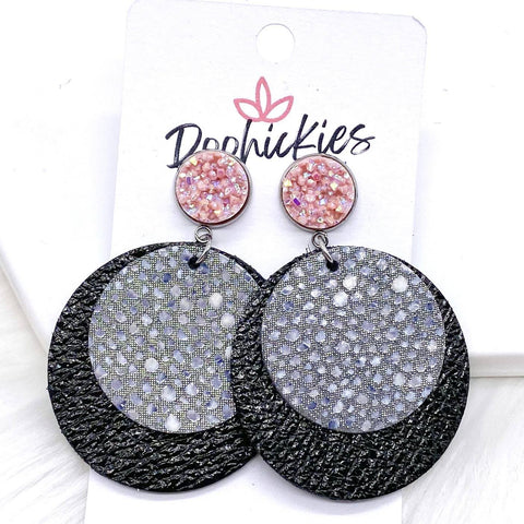 2.5" Blush & Grey Stingray/Metallic Black Dangle Piggybacks -Earrings