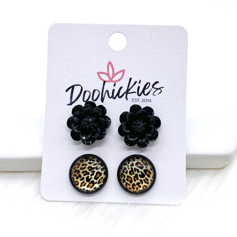 Black Flowers & 12mm Golden Leopard in Black Settings -Fall Stud Earrings