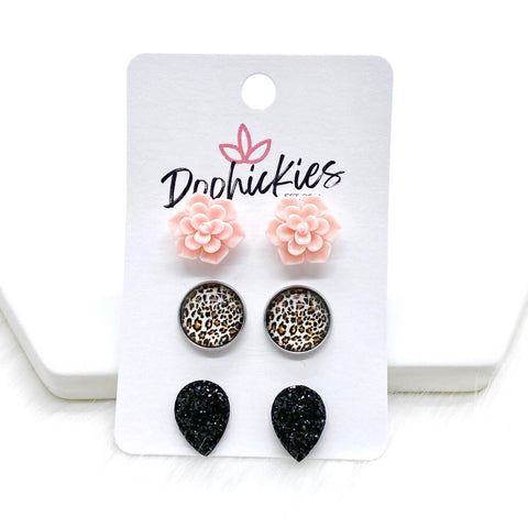 12mm Pink Succulents/Tan Leopard/Black Teardrops in Stainless Steel Settings