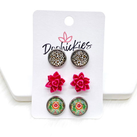 12mm Tan Leopard/Hot Pink Succuents/Tropical Paradise in Stainless Steel Settings -Summer Earrings
