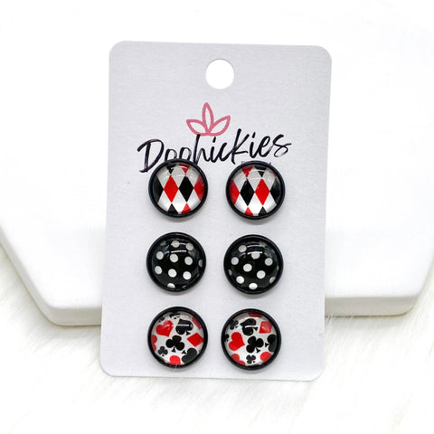 12mm Diamonds/Black Polka Dots/Playing Cards in Black Settings -Earrings