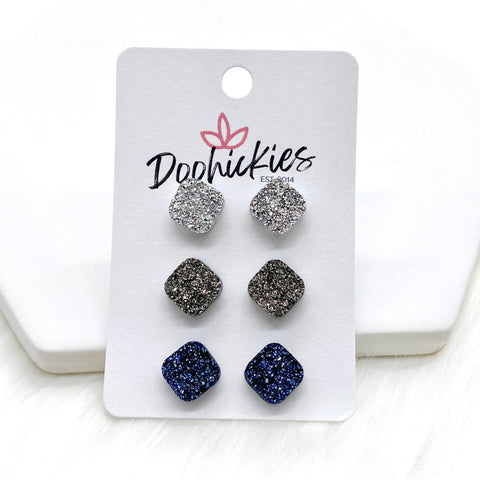 10mm Silver/Gunmetal/Ice Blue Squares -Earrings