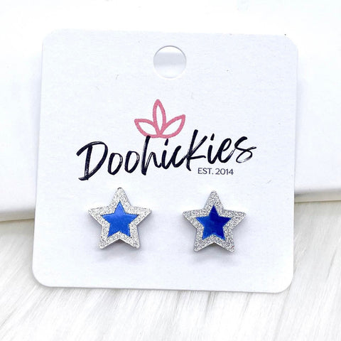 12mm Silver/Blue Stars -Patriotic Earrings