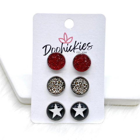 12mm Red Sparkles/Tan Leopard/White Star in Stainless Steel Settings