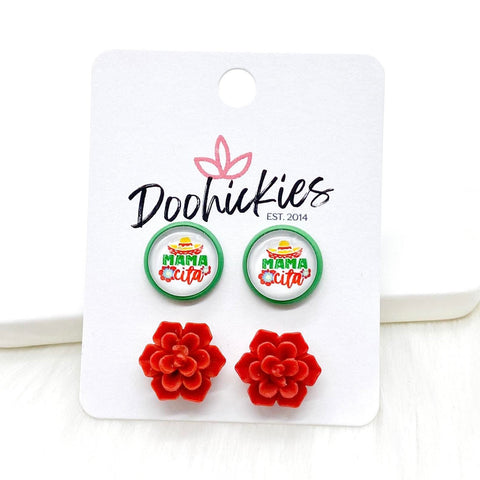 12mm Mamacita & Red Succulents in Green Settings -Earrings