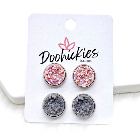 12mm Blush & Grey Shimmer in Stainless Steel Settings -Earrings