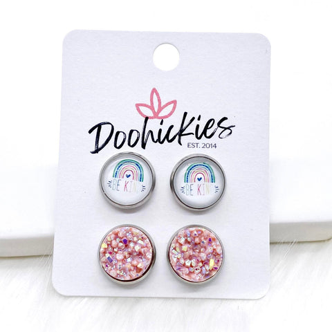 12mm Pastel Rainbow Be Kind & Blush Shimmer in Stainless Steel Settings -Earrings