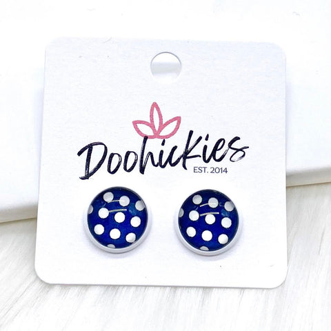 12mm Polka Dots in White Settings -Patriotic Earrings