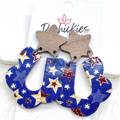 2.5" Walnut Stars & Vintage Patrioitic Star Loopies -Patriotic Earrings