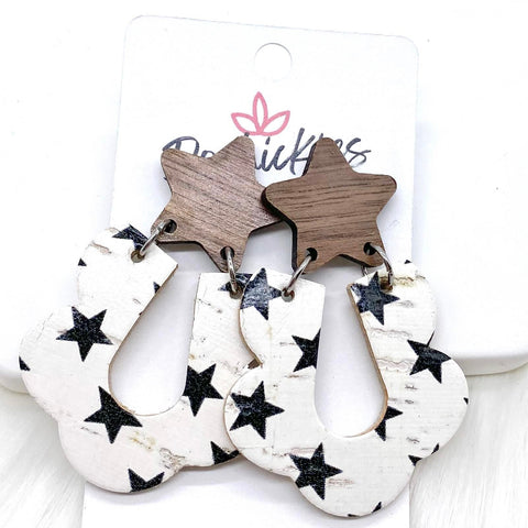 2.5" Walnut Stars & Black Star Loopies -Patriotic Earrings