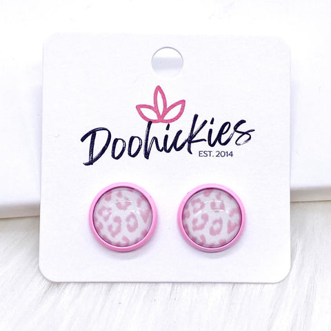12mm Pastel Pink Leopard in Bright Pink Settings -Earrings