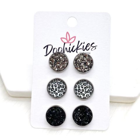 12mm Gunmetal/Silver Leopard/Black in Stainless Steel Settings -Earrings